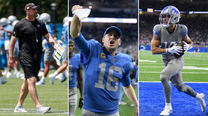 Dan Campbell walks with a clipboard in hand; Jared Goff pumps his hand in the air yelling; Amon-Ra St. Brown runs with the ball